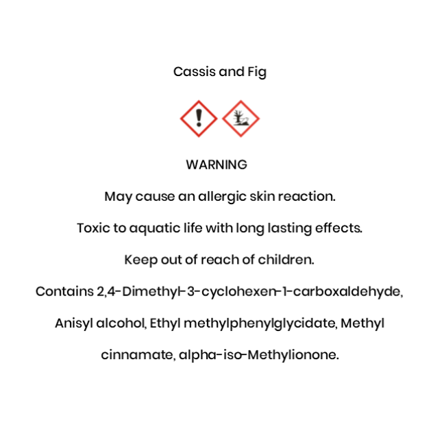 Cassis and Fig WARNING May cause an allergic skin reaction. Toxic to aquatic life with long lasting effects.  Keep out of reach of children.  Contains 2,4-Dimethyl-3-cyclohexen-1-carboxaldehyde,  Anisyl alcohol, Ethyl methylphenylglycidate, Methyl  cinnamate, alpha-iso-Methylionone.