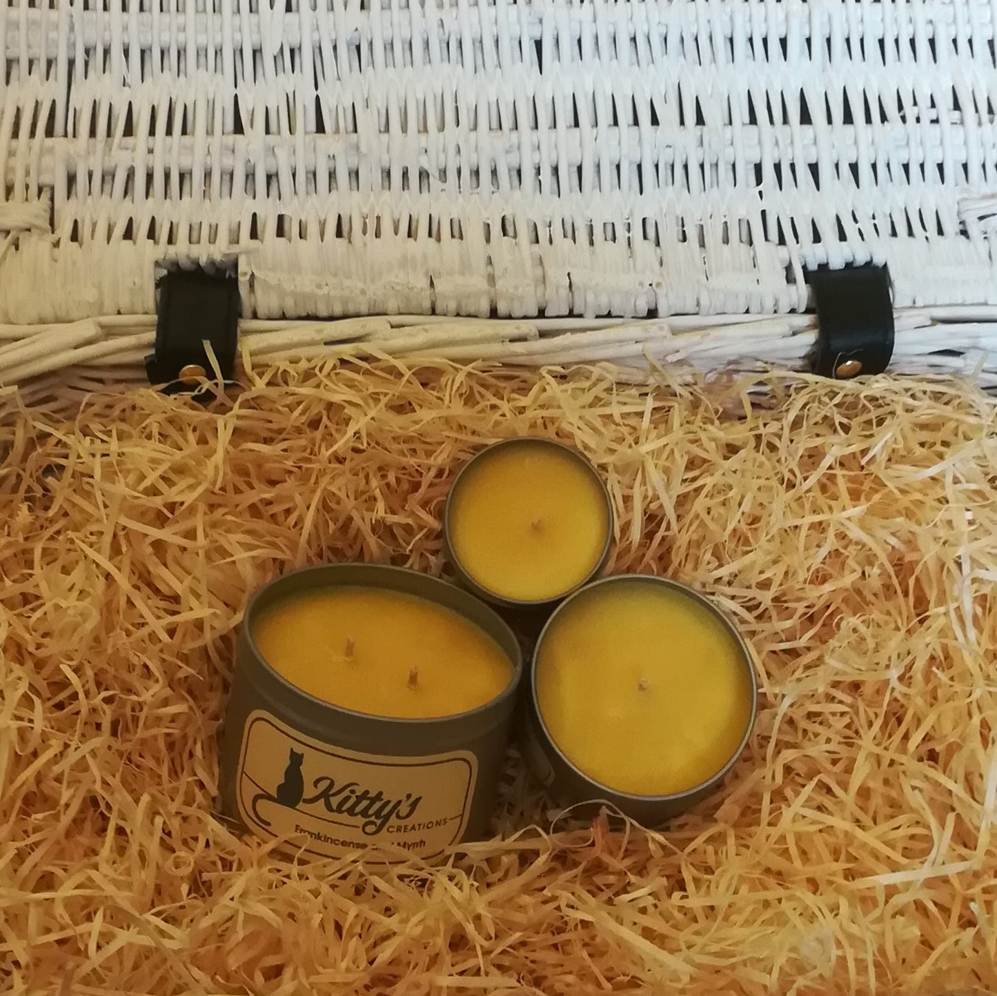 Three hand poured candles filled with Frankincense and Myrrh fragranced soy wax, contained in travel tins with clear see through lids ready for you to take on your next adventure whether for work or pleasure. 