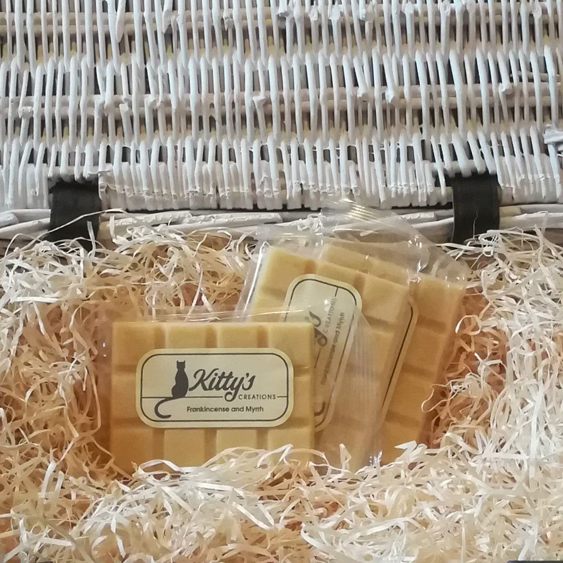 Three hand-made rectangular Wax Melts, each a rich and warming amber yellow, nestled in a basket of straw. Frankincense, cedar wood, amber, myrrh and jasmine combined together to give you a fragrance from lands afar. This timeless aroma is warming and comforting, calming and complex, delighting you and making you glad to be home.