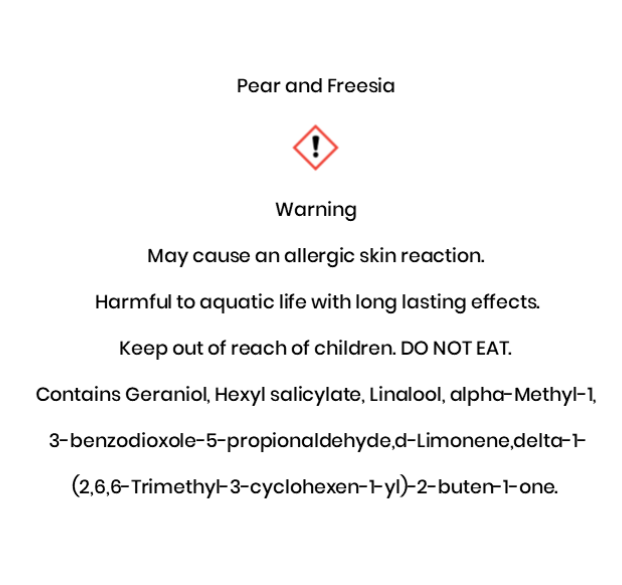 Pear and Freesia  Warning May cause an allergic skin reaction.  Harmful to aquatic life with long lasting effects.  Keep out of reach of children. DO NOT EAT. Contains Geraniol, Hexyl salicylate, Linalool, alpha-Methyl-1,  3-benzodioxole-5-propionaldehyde,d-Limonene,delta-1- (2,6,6-Trimethyl-3-cyclohexen-1-yl)-2-buten-1-one.              