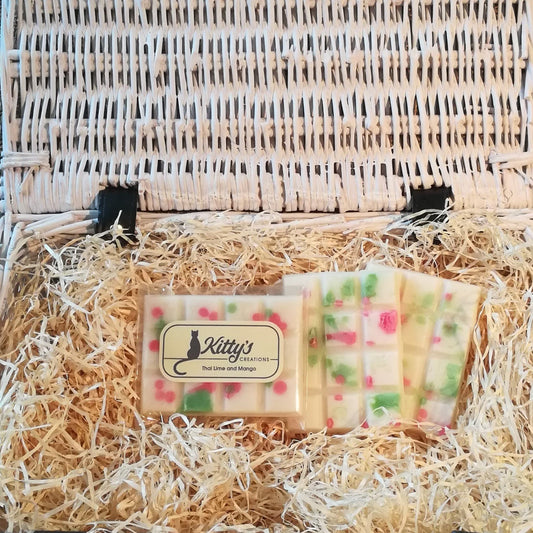 Three hand-made rectangular Wax Melts. Each is white Soy wax, coloured with a pattern of Mango red and Thai Lime green dots randomly arranged, the melts are resting in a basket of straw. Each melt is a vibrant mix of aromas, taking you back to those warm humid days and the sounds of night-time crickets on the trip you will never forget. 